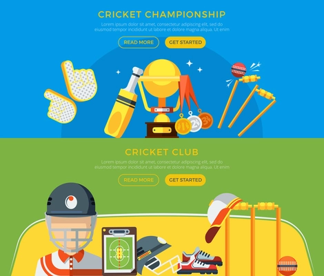 Horizontal cricket club and championship banners with apparel player cup and medals on green and blue background flat vector illustration