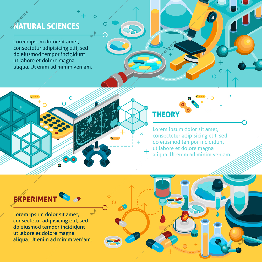 Science isometric horizontal banners set with experiment and theory symbols isolated vector illustration