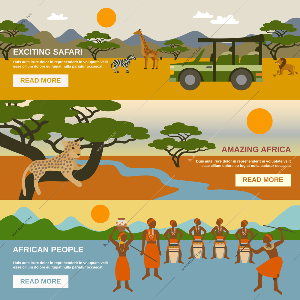 Africa horizontal banners set with african people symbols flat isolated vector illustration