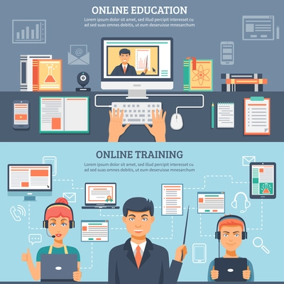 Two horizontal online education training banner set with online education and training vector illustration