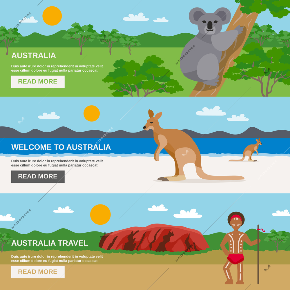 Australia travel horizontal banners set with beach desert aborigine and wildlife isolated vector illustration