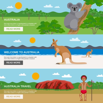 Australia travel horizontal banners set with beach desert aborigine and wildlife isolated vector illustration