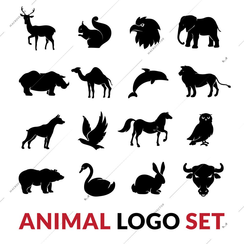 Wild animals black silhouettes logo icons set with lion elephant swan squirrel and camel vector isolated illustration