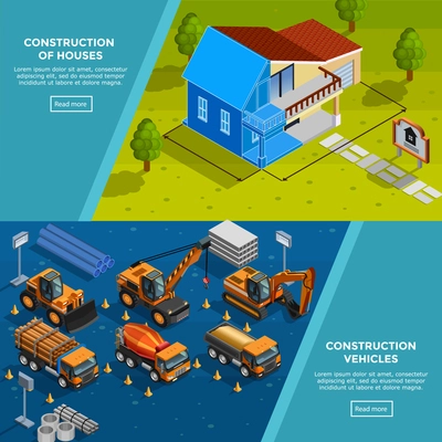 Two construction isometric banners with layout of country house vehicles for road works trucks and tippers flat vector illustration