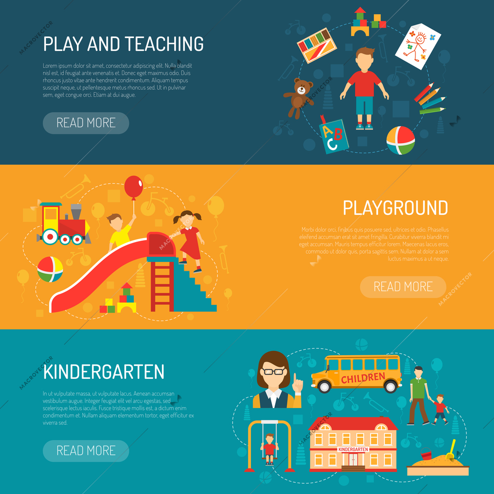 Horizontal banners presenting kindergarten itself play and teaching with boy and playground with playing children flat vector illustration