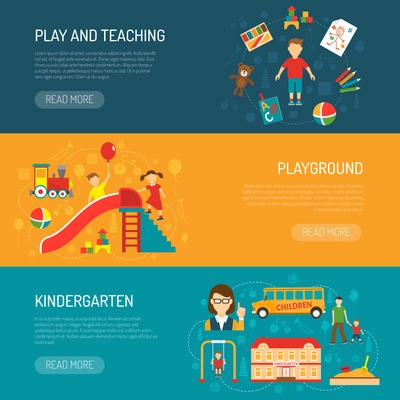 Horizontal banners presenting kindergarten itself play and teaching with boy and playground with playing children flat vector illustration