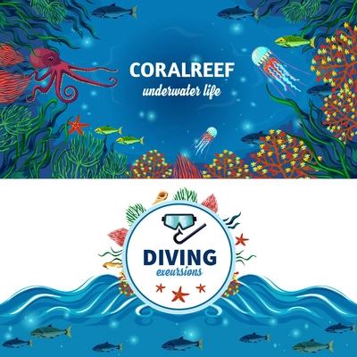 Sea life horizontal banners with colorful image of coral reefs exotic underwater animals and diving advertising flat vector illustration