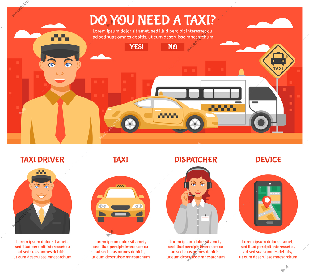 Taxi service infographics with title do you need taxi and a few buttons or links with different titles vector illustration