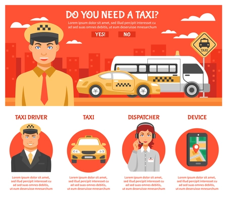 Taxi service infographics with title do you need taxi and a few buttons or links with different titles vector illustration