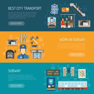 Horizontal underground banners presenting subway advertising it like best city transport and work in subway flat vector illustration