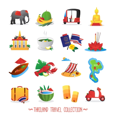 Thailand travel symbols flat icons collection with national food buddha figure and lotus abstract isolated vector illustration