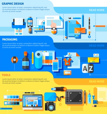 Graphic design horizontal banners set with packaging and tools symbols flat isolated vector illustration