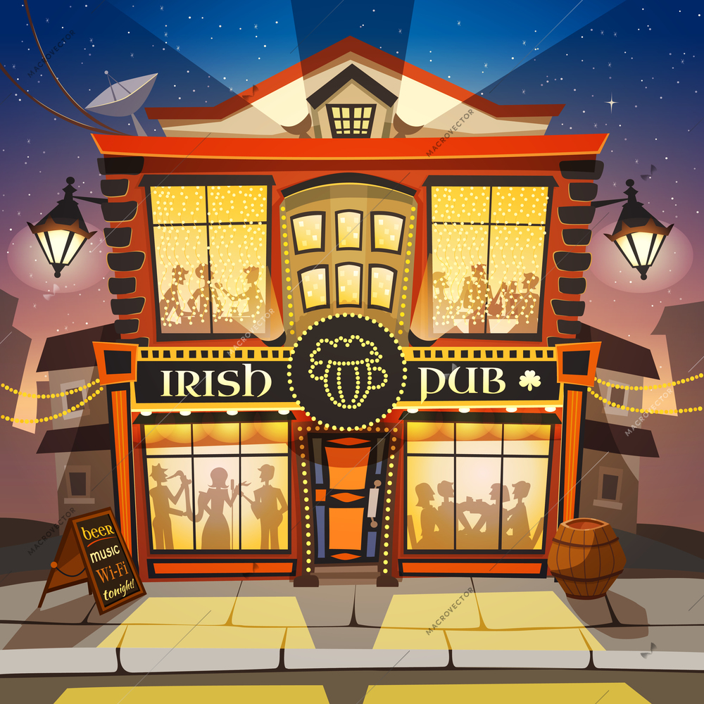 Irish Pub Cartoon Background.  Irish Pub Building Vector Illustration.  Irish Pub Design. Irish Pub Decorative Illustration.