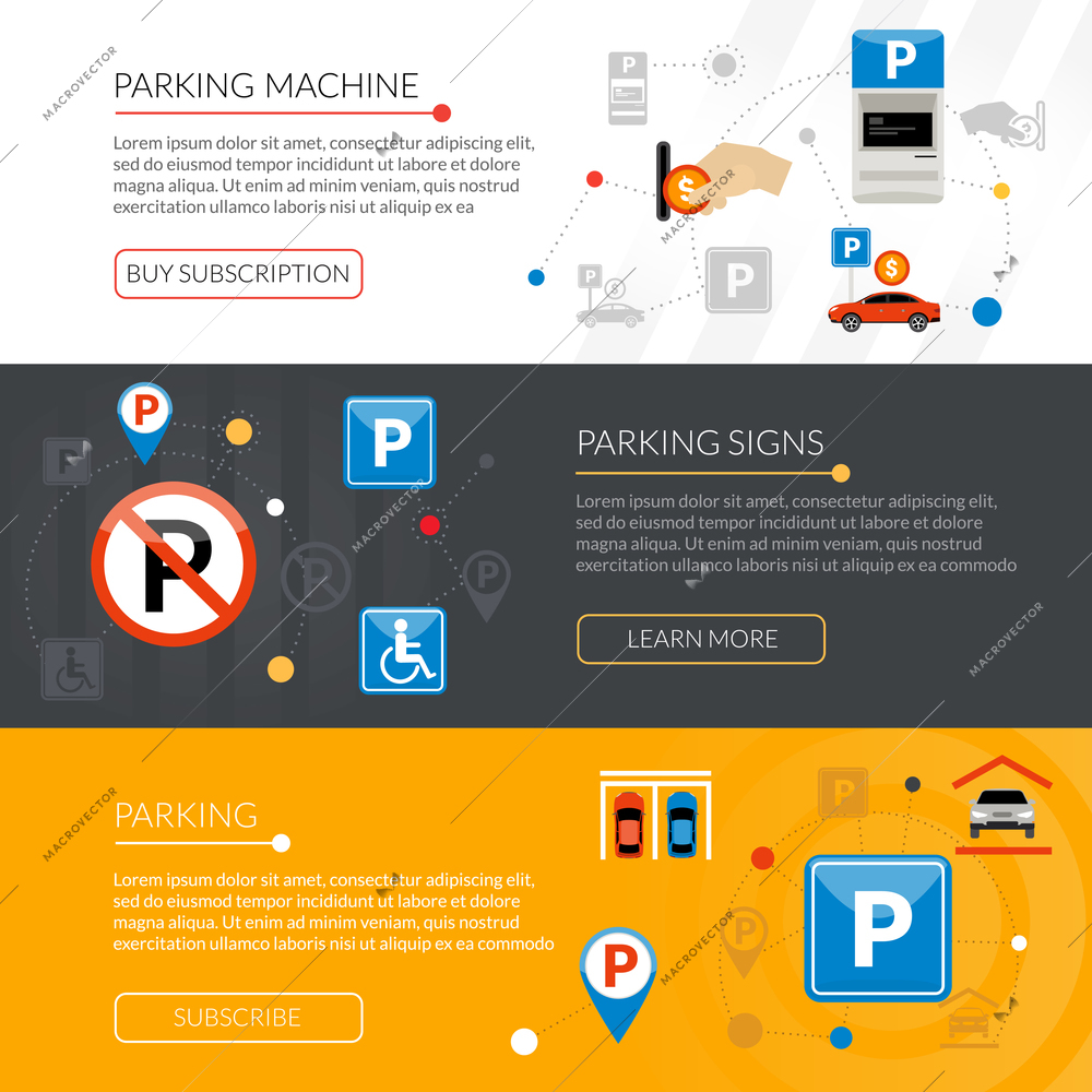 Isolated flat horizontal banners set with parking signs equipment rules violations grouped in infographic style vector illustration