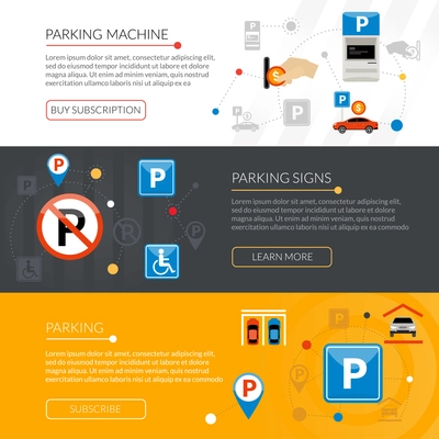 Isolated flat horizontal banners set with parking signs equipment rules violations grouped in infographic style vector illustration