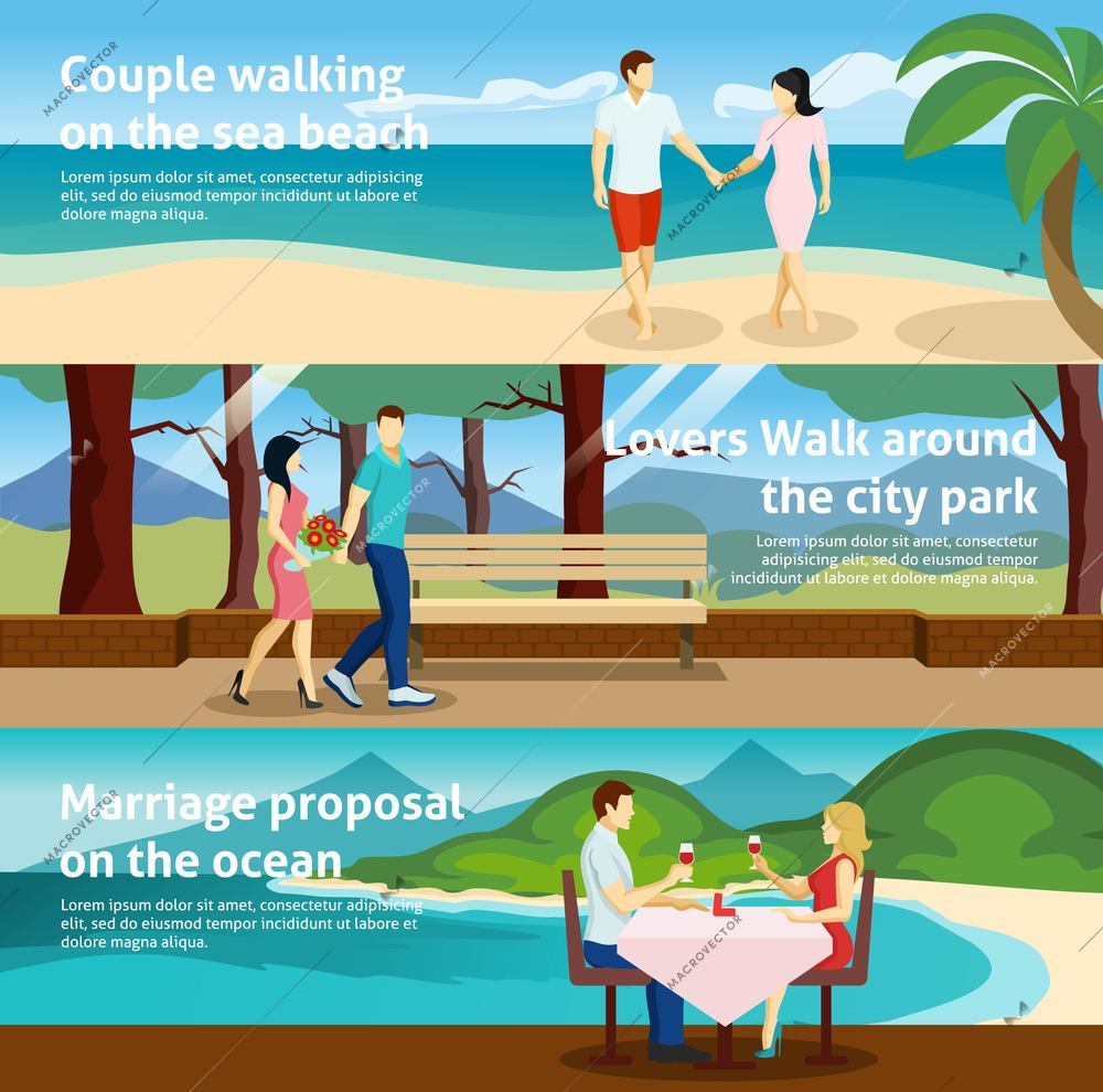 Horizontal banner set with fall in love people acting together in different ways vector illustration