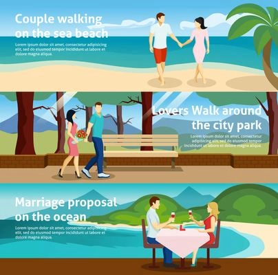 Horizontal banner set with fall in love people acting together in different ways vector illustration