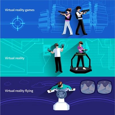 Virtual reality artificial world 3 flat horizontal banners set with military games and flying abstract isolated vector illustration