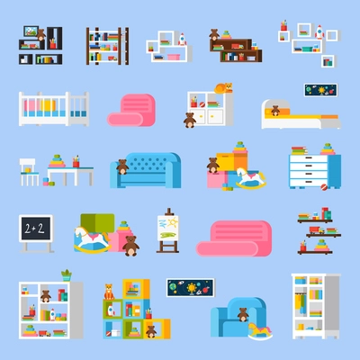 Baby room furniture flat decorative icons with  bed sofa shelves commode cradle toys chalkboard isolated vector illustration