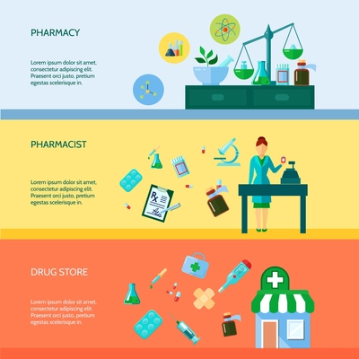 Three flat horizontal banner set with pharmaceutical attributes pharmacist and drugstore vector illustration