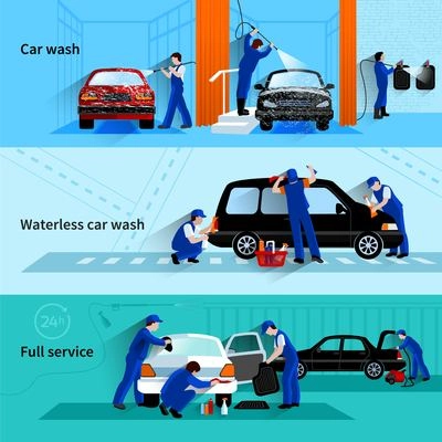 Full service car wash with attendants team cleaning vehicle 3 flat banners abstract vector isolated illustration