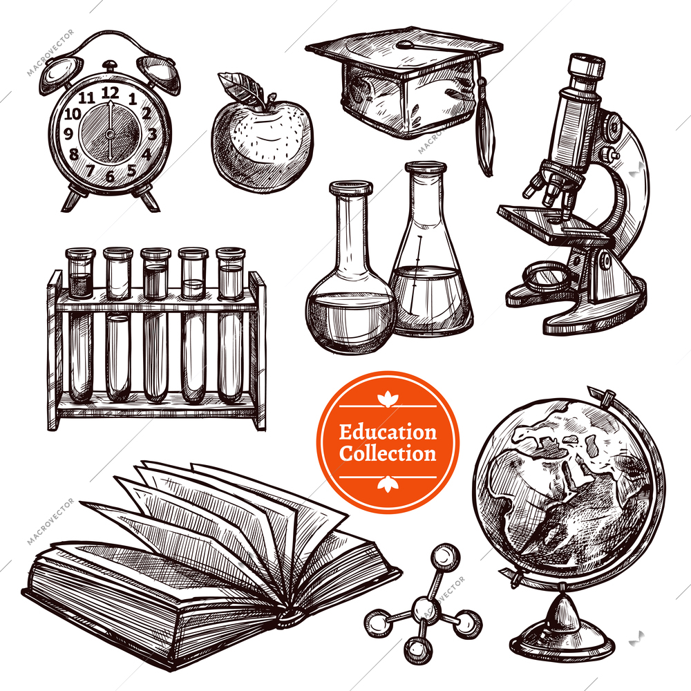 Black and white education hand drawn sketch set with different tools for science and studying on white background isolated vector illustration