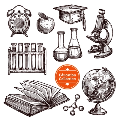 Black and white education hand drawn sketch set with different tools for science and studying on white background isolated vector illustration