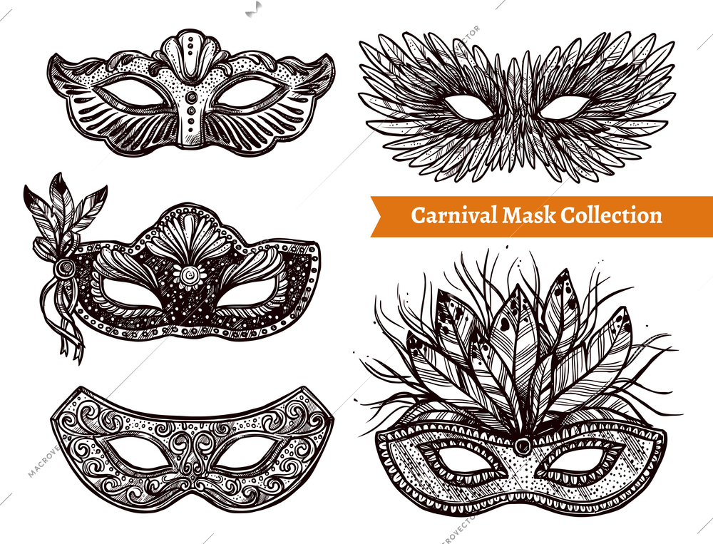 Black and white carnival masks of different shape with feathers stones and other decorations hand drawn set on white background isolated vector illustration