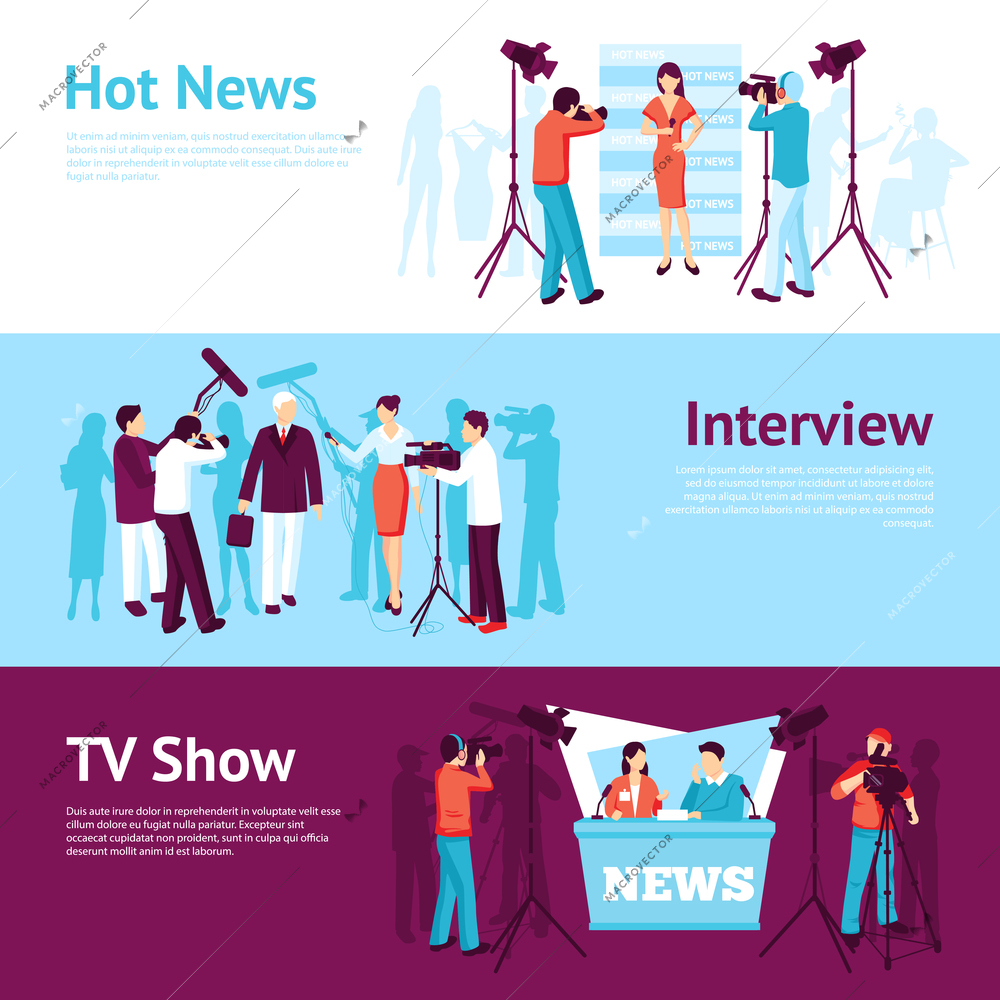 Journalist news pressman banner set with interview tv show operator vector illustration