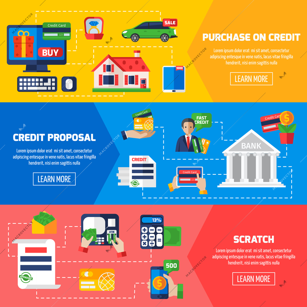 Loan debt horizontal banners with advertising of credit proposals and information about purchase on credit flat vector illustration