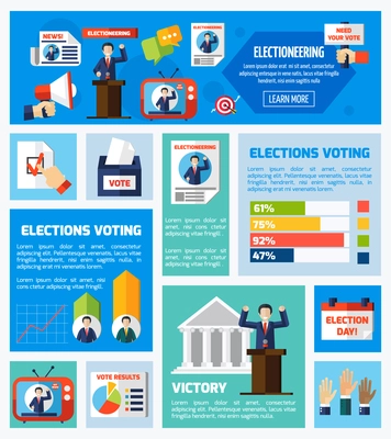 Elections and voting flat rectangular isolated elements collection with promotional company voter counting vote results  vector illustration