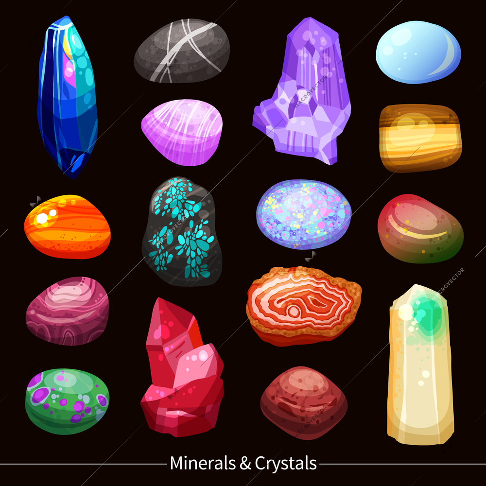 Shiny colorful minerals crystals stones and rocks of different size and shape with various textures set on black background cartoon isolated vector illustration