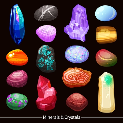 Shiny colorful minerals crystals stones and rocks of different size and shape with various textures set on black background cartoon isolated vector illustration