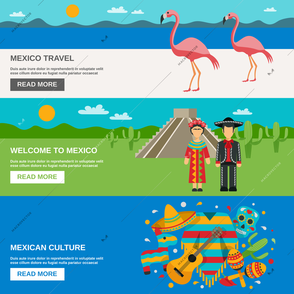 Mexico traditional costumes animals and food on the landscape background horizontal banner set vector illustration