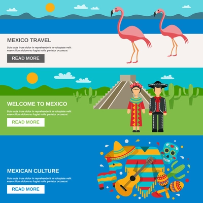 Mexico traditional costumes animals and food on the landscape background horizontal banner set vector illustration