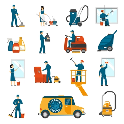 Industrial cleaning service workers flat icons collection with vacuum scrubber and sweeper machines abstract isolated vector illustration