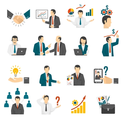 Effective business management training program and leadership development consulting service flat icons set abstract isolated vector illustration