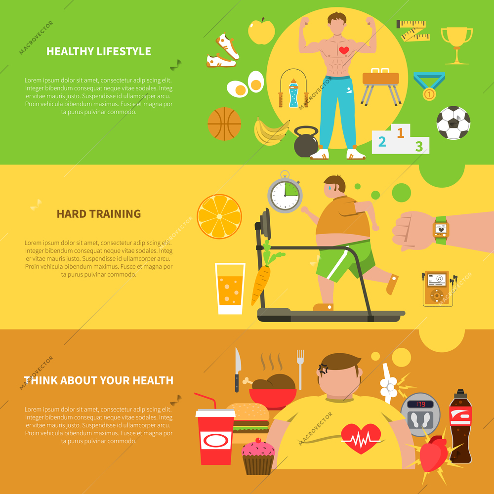 Obesity horizontal banners with healthy  lifestyle elements hard training for weight loss and unhealthy food icons set flat vector illustration