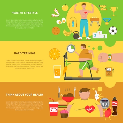 Obesity horizontal banners with healthy  lifestyle elements hard training for weight loss and unhealthy food icons set flat vector illustration