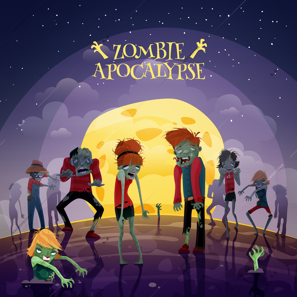 Zombie moonlight apocalypse cartoon background with moon sky and stars vector illustration