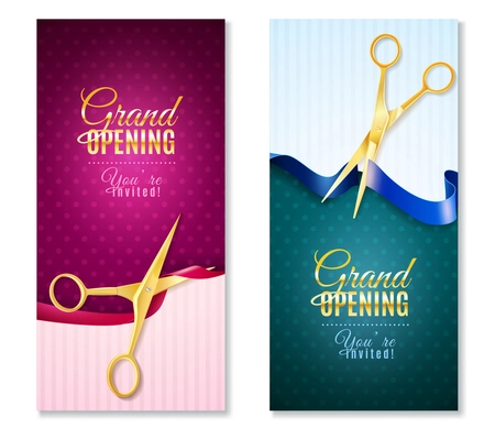 Grand opening invitation vertical banners set with ribbon realistic isolated vector illustration