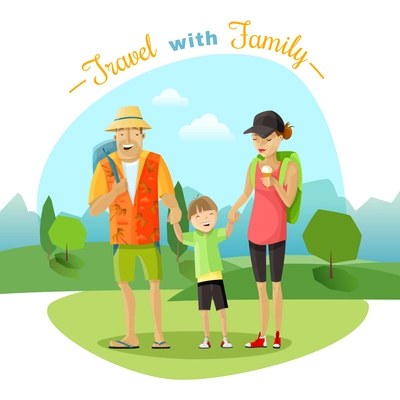 Family trip with mother father and child in the park cartoon vector illustration