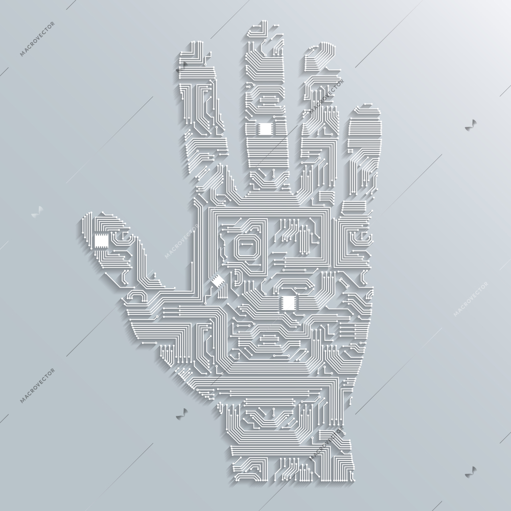 Electronic computer technology circuit board hand shape background or emblem isolated vector illustration