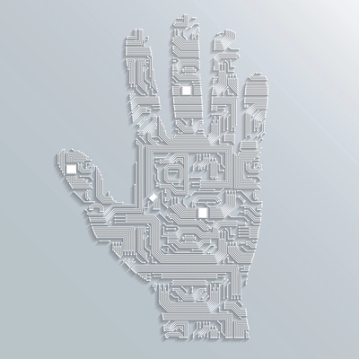 Electronic computer technology circuit board hand shape background or emblem isolated vector illustration
