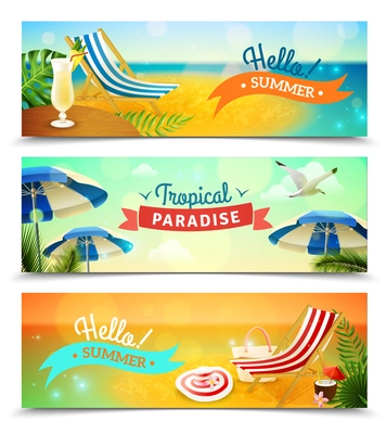 Tropical beach resort horizontal banners set with deck chair and cocktail cartoon isolated vector illustration