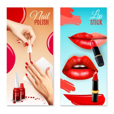 Cosmetics and beauty vertical banners set with nail polish and lipstick isolated cartoon vector illustration