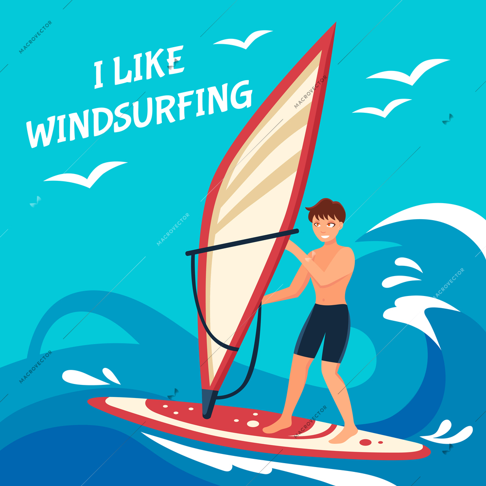 Windsurfing Flat Background. Windsurfing Vector Illustration.  Windsurfing Poster Design. Water Sport Decorative Illustration.