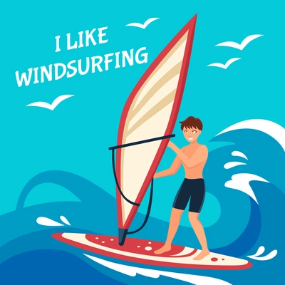 Windsurfing Flat Background. Windsurfing Vector Illustration.  Windsurfing Poster Design. Water Sport Decorative Illustration.