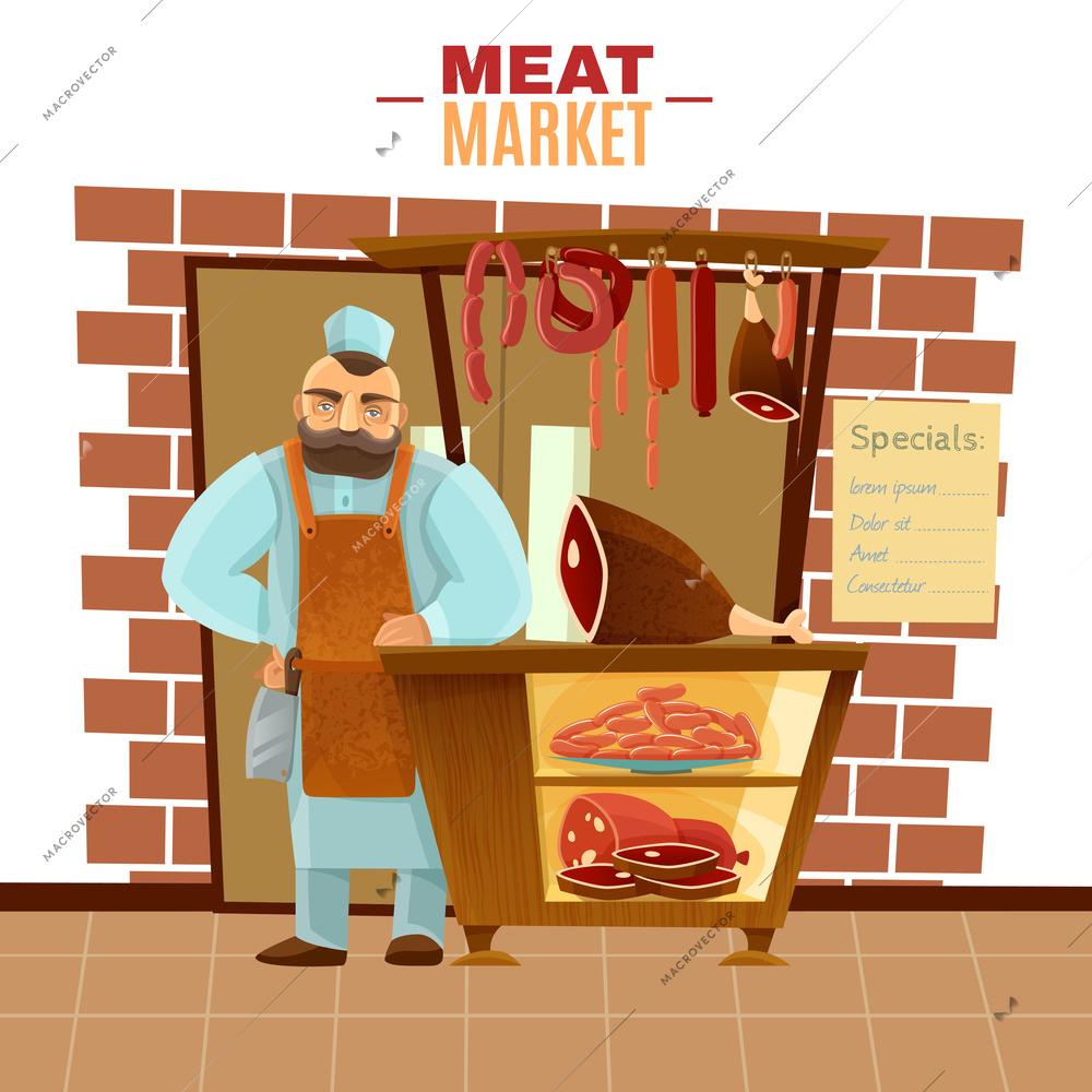 Butcher and meat market with sausages beef and bacon cartoon vector illustration