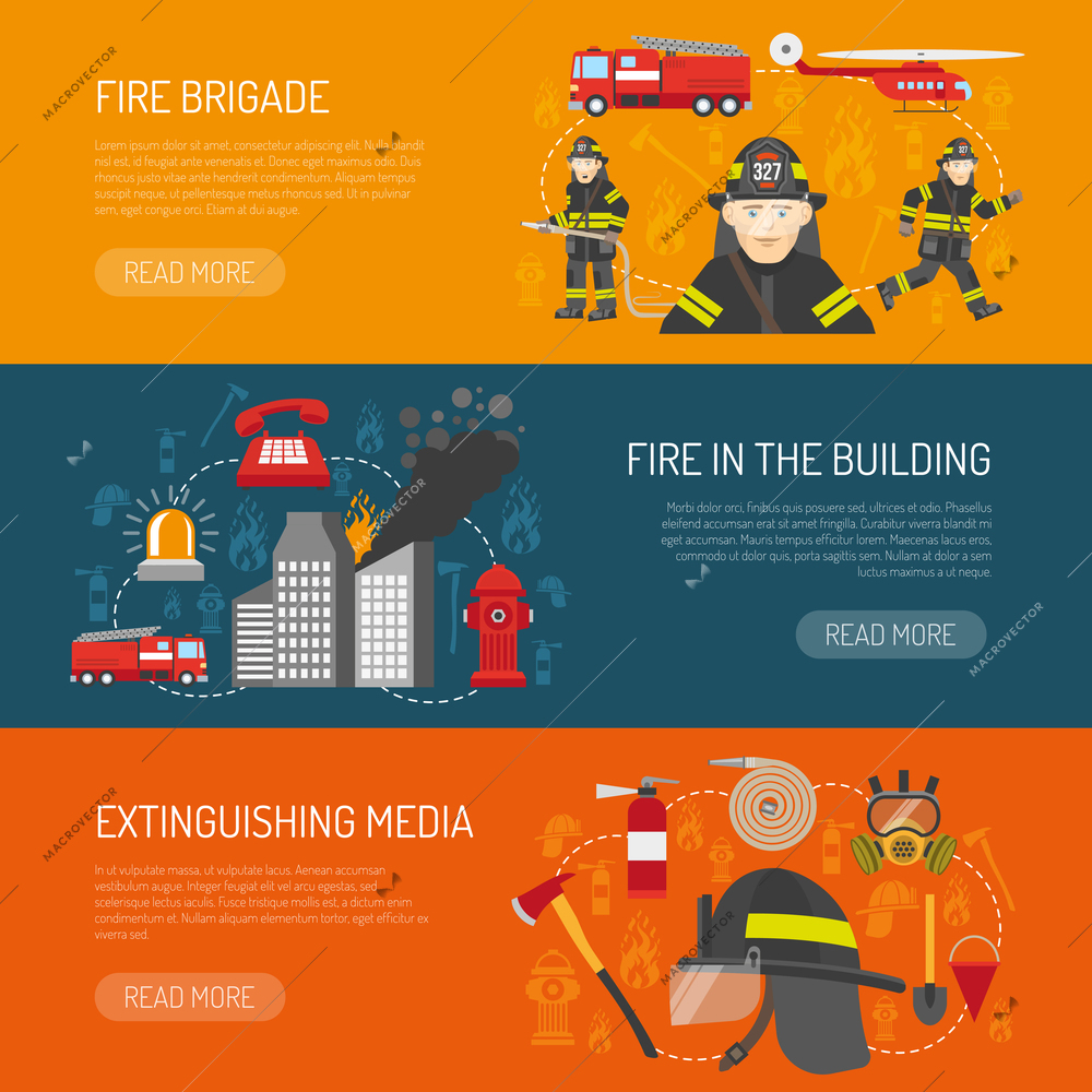 Firefighters 3 flat horizontal banners webpage for information on fire alarm in building abstract isolated vector illustration